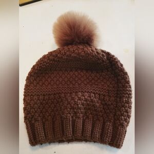 Knit Hat With Faux Fur Pompom, San Diego Hat Co, Not Used, Brown